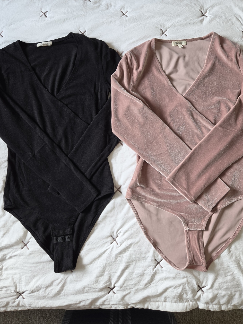 Madewell Long-Sleeve V-Neck Bodysuits in Black and Dusty Rose